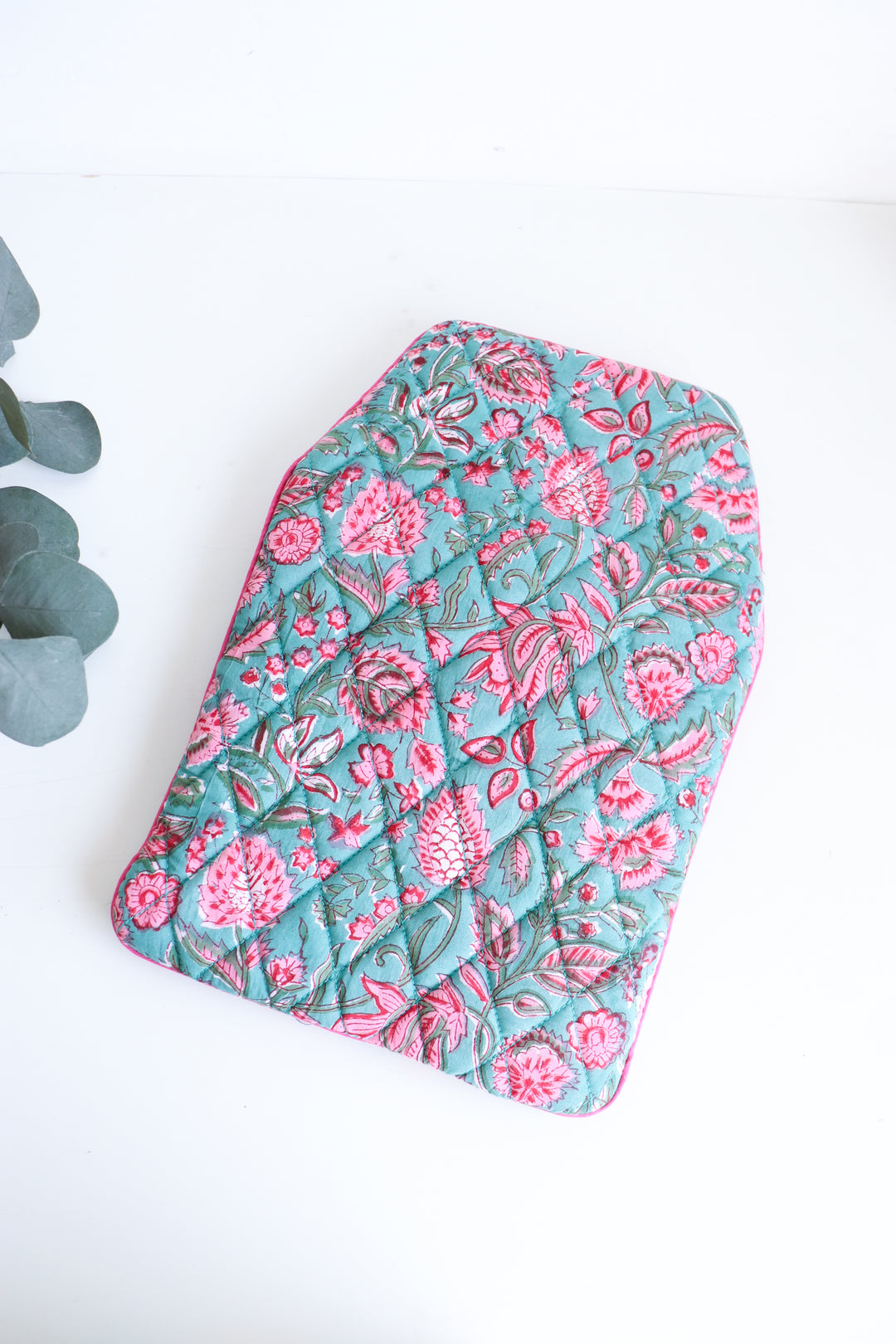 Quilted Hot Water Bag Covers - Block print hot water bottle covers - Green Pink Floral