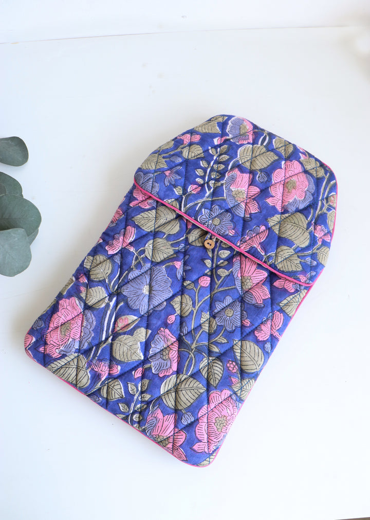 Quilted Hot Water Bag Covers - Block print hot water bottle covers - Blue floral