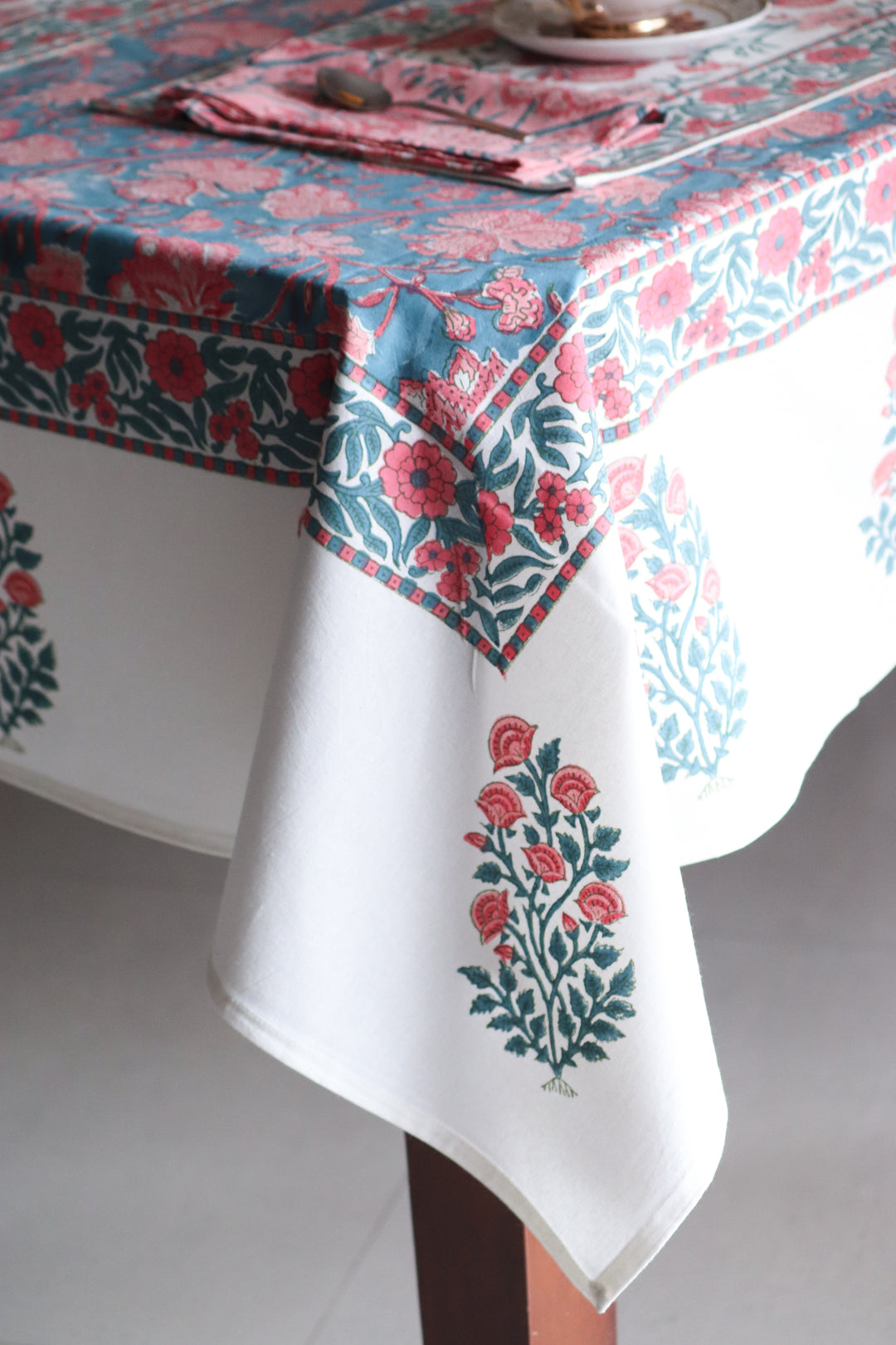 Blushing Bloom tablecloth - 8 seater block print table cover - 60x120 inches