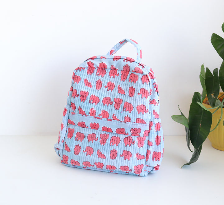 Kids Quilted block print back pack - Toddler back pack - Blue & Pink elephants