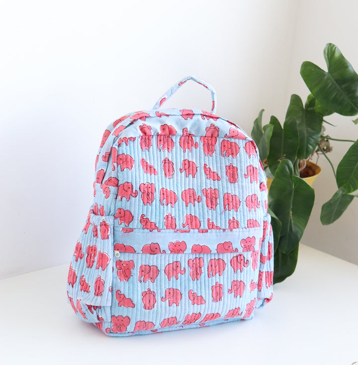 Kids Quilted block print back pack - Toddler back pack - Blue & Pink elephants