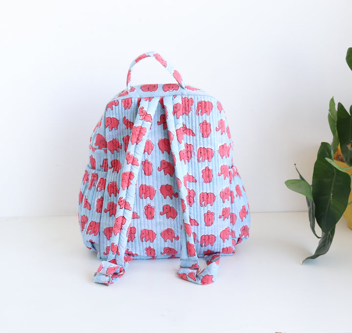 Kids Quilted block print back pack - Toddler back pack - Blue & Pink elephants