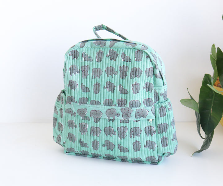 Kids Quilted block print back pack - Toddler back pack - Green and grey elephants