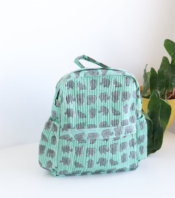 Kids Quilted block print back pack - Toddler back pack - Green and grey elephants