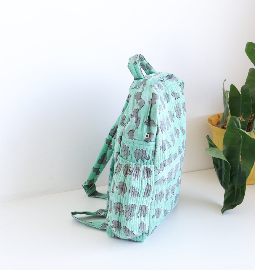 Kids Quilted block print back pack - Toddler back pack - Green and grey elephants