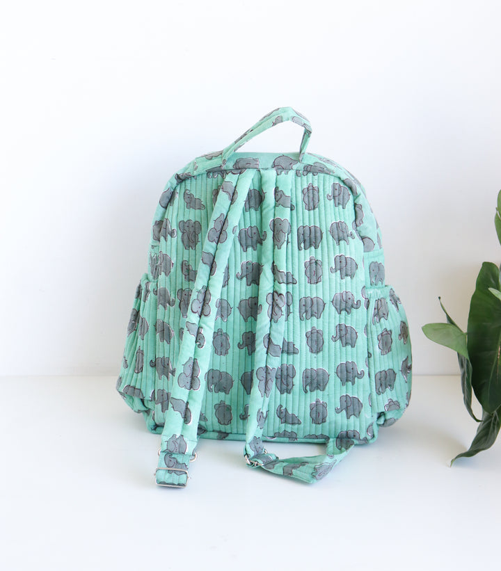 Kids Quilted block print back pack - Toddler back pack - Green and grey elephants