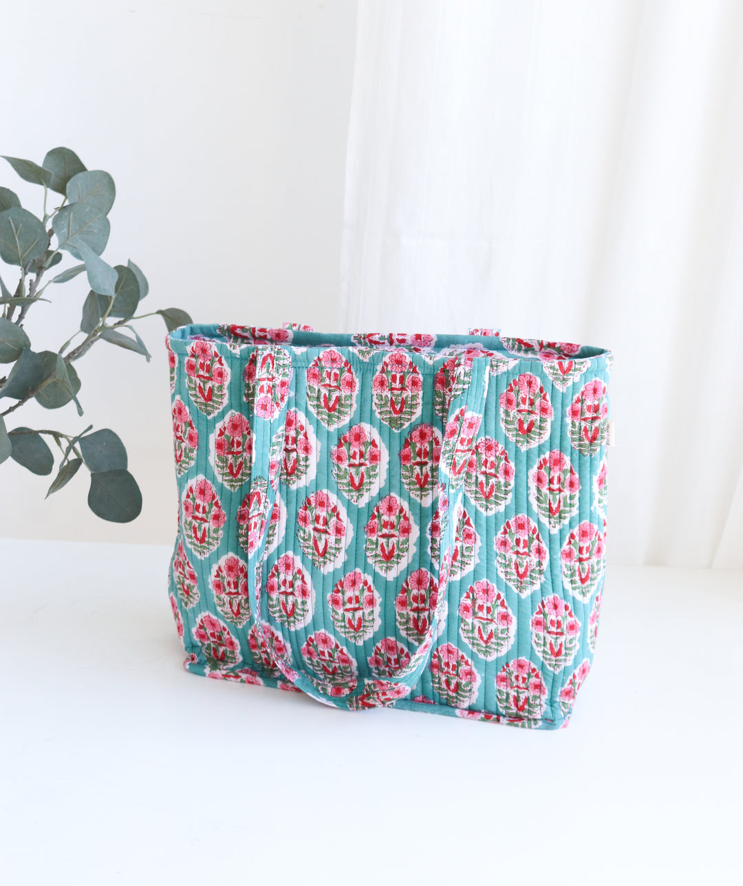 Block print tote bag - Boho quilted women's bags - Women's handbag - Turquoise Booti