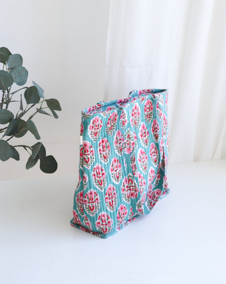 Block print tote bag - Boho quilted women's bags - Women's handbag - Turquoise Booti