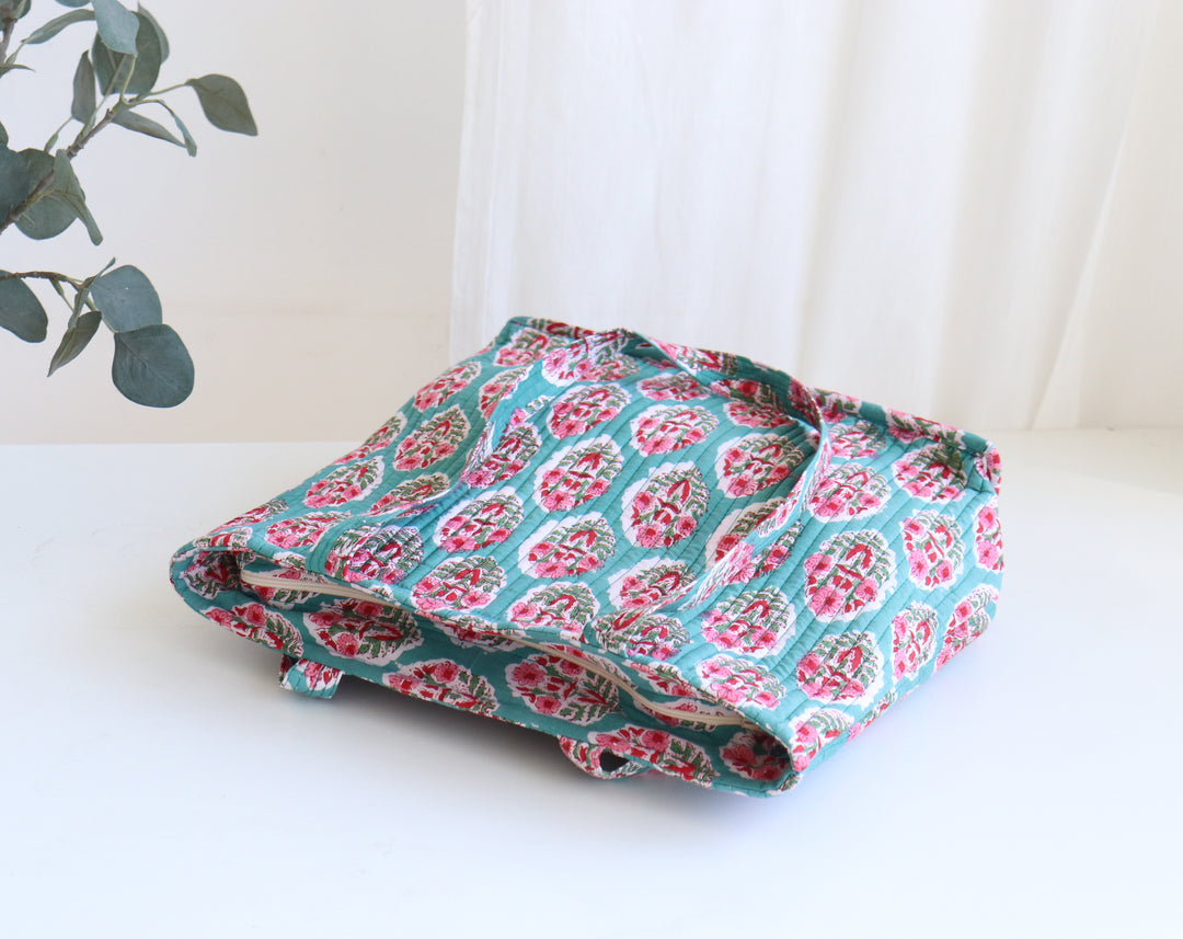 Block print tote bag - Boho quilted women's bags - Women's handbag - Turquoise Booti