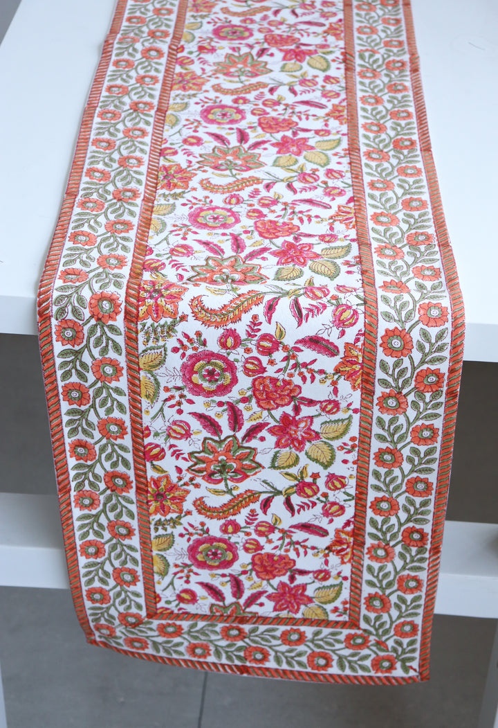 Orange Blossom table runner - Block print cotton table runner - 14x80 inches