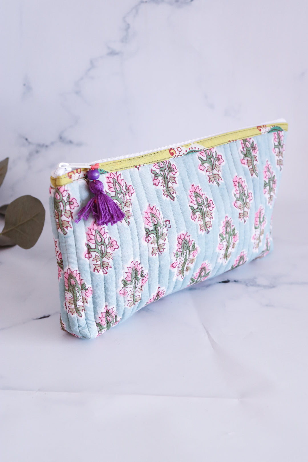 Quilted utility pouches - Block print pencil pouches - Light blue bootis