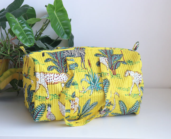 Yellow Safari print weekender bag - Boho quilted bags - Overnight duffle bags