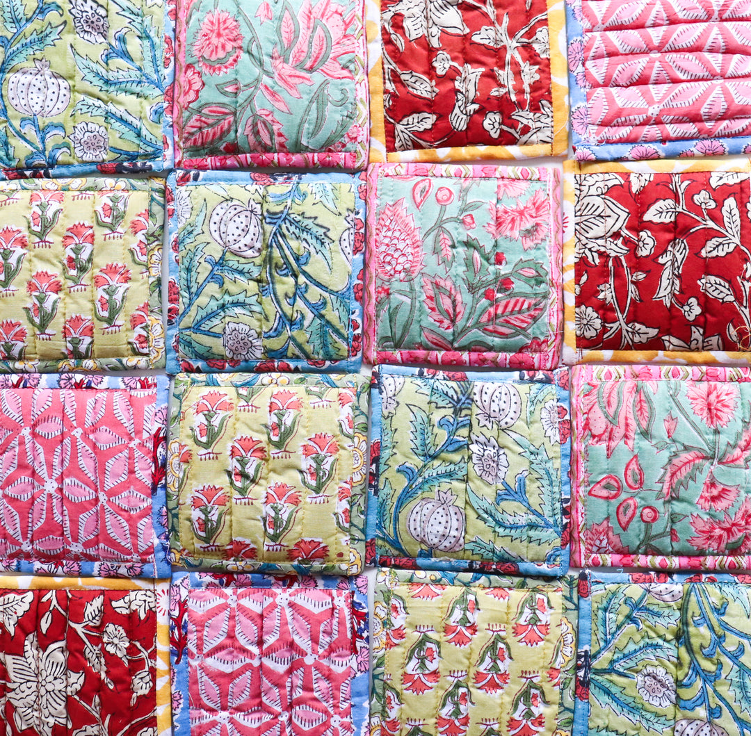 Bulk lot of Reversible coasters set in a bag - Block print quilted coasters - Assorted Prints