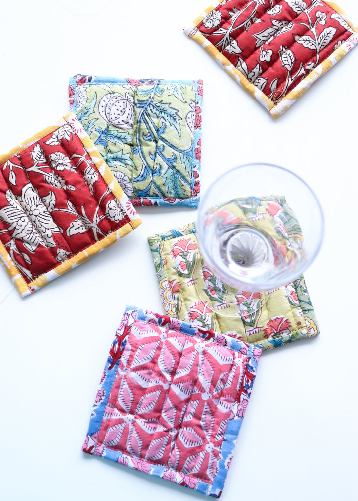 Bulk lot of Reversible coasters set in a bag - Block print quilted coasters - Assorted Prints