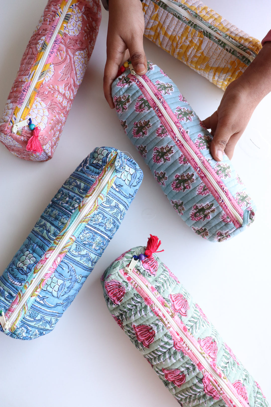 Bulk lot of Block print Quilted round pencil pouches - Set of 5/10/20 pcs