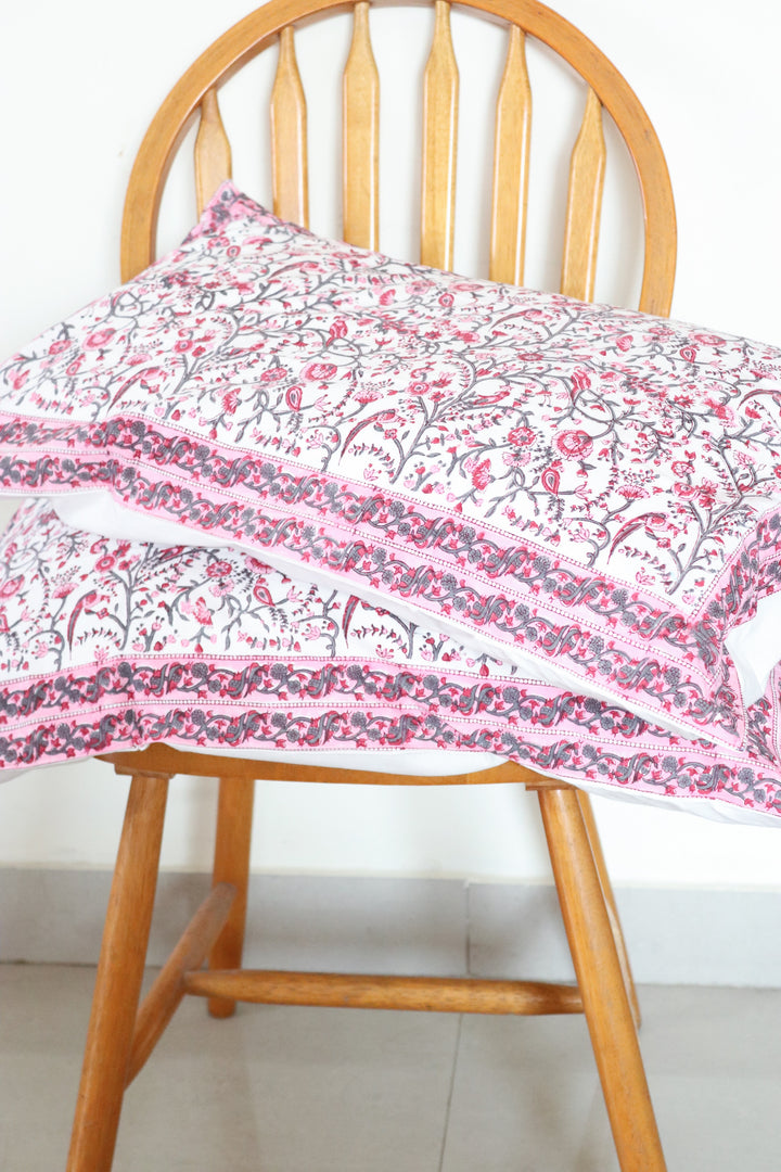 Block print bed sheet and pillow cases - Pink floral bird bedsheet set-  King - 108x108 inches