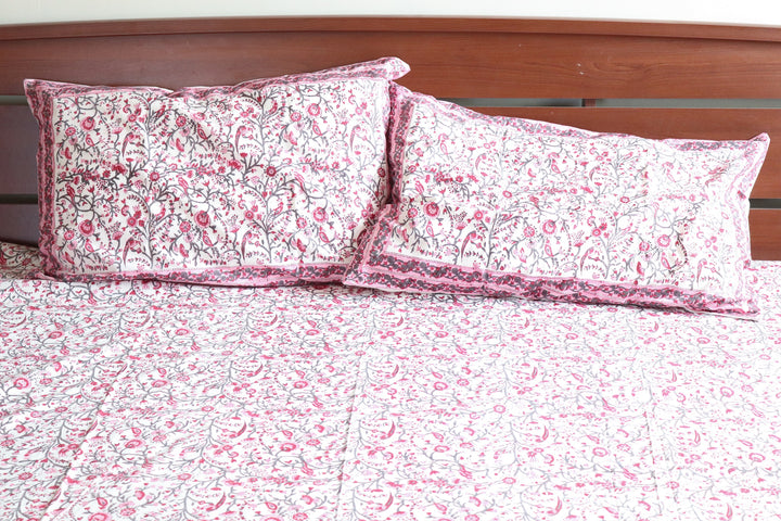 Block print bed sheet and pillow cases - Pink floral bird bedsheet set-  King - 108x108 inches