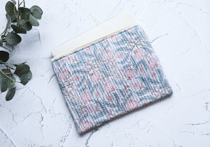 Block print Laptop sleeves - Laptop cover - light grey floral - 13 inch, 14 inch & 15 inch