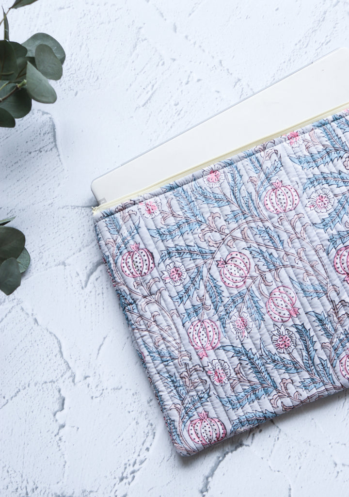 Block print Laptop sleeves - Laptop cover - light grey floral - 13 inch, 14 inch & 15 inch