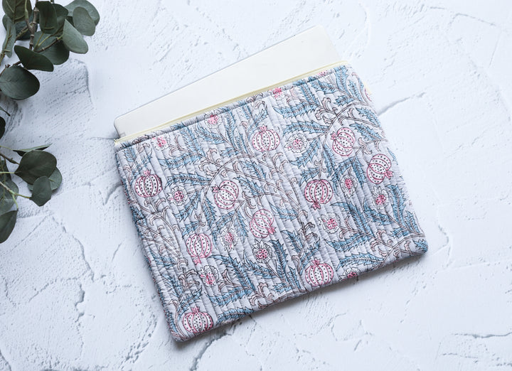 Block print Laptop sleeves - Laptop cover - light grey floral - 13 inch, 14 inch & 15 inch