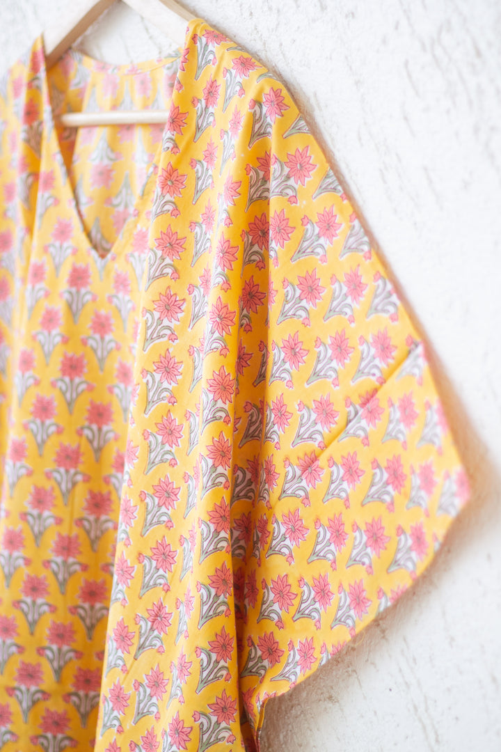 Short Kaftans for women - Yellow Block print Kaftan - Yellow booti