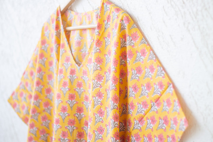 Short Kaftans for women - Yellow Block print Kaftan - Yellow booti