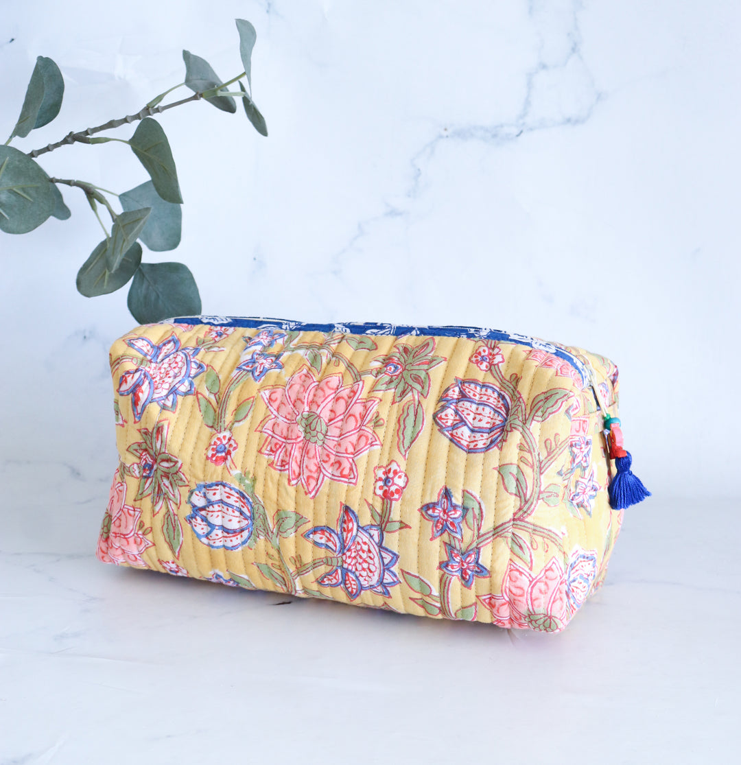 Large Cosmetic bag - Makeup bag - Block print fabric travel pouch-  Yellow Floral Field