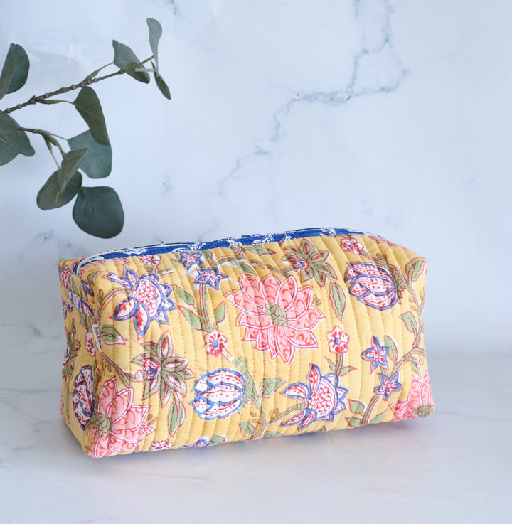 Large Cosmetic bag - Makeup bag - Block print fabric travel pouch-  Yellow Floral Field