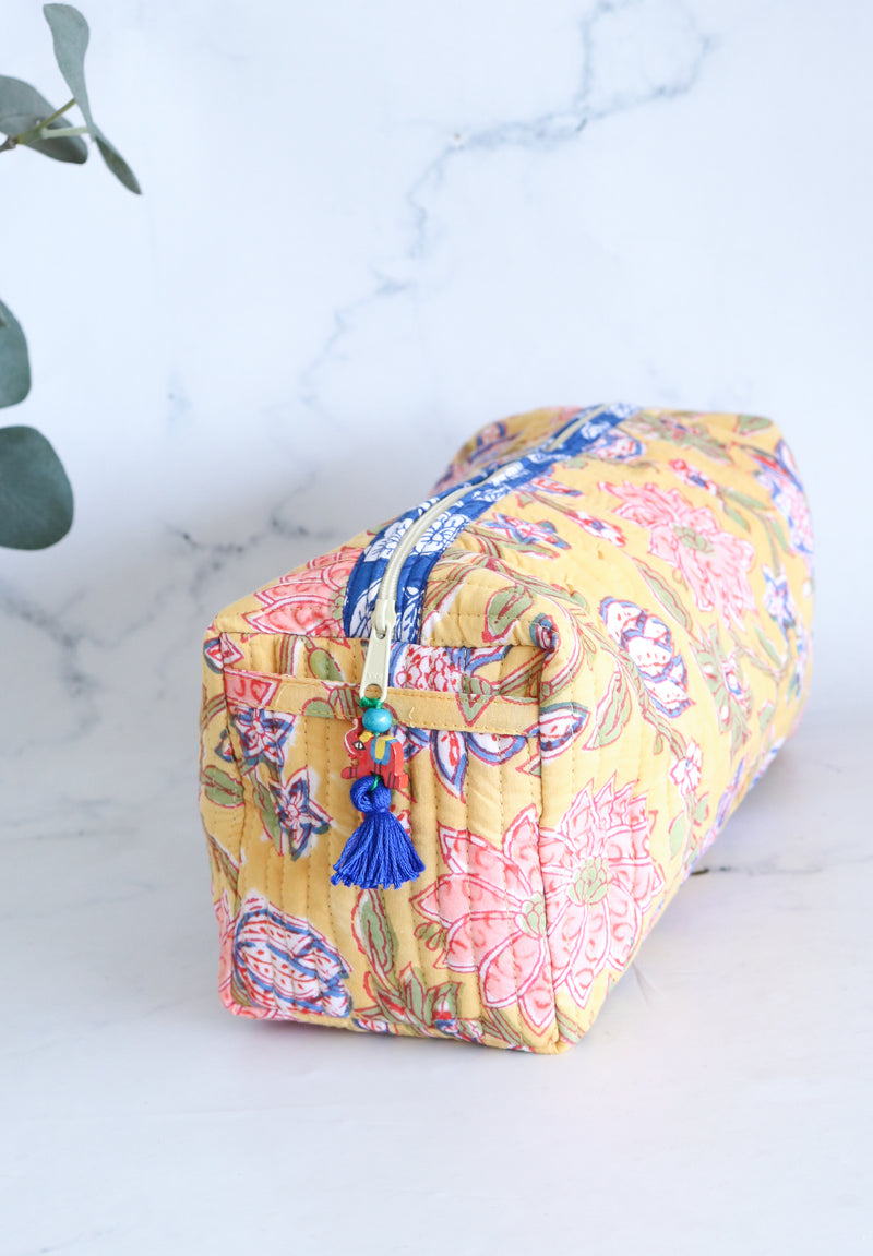 Large Cosmetic bag - Makeup bag - Block print fabric travel pouch-  Yellow Floral Field