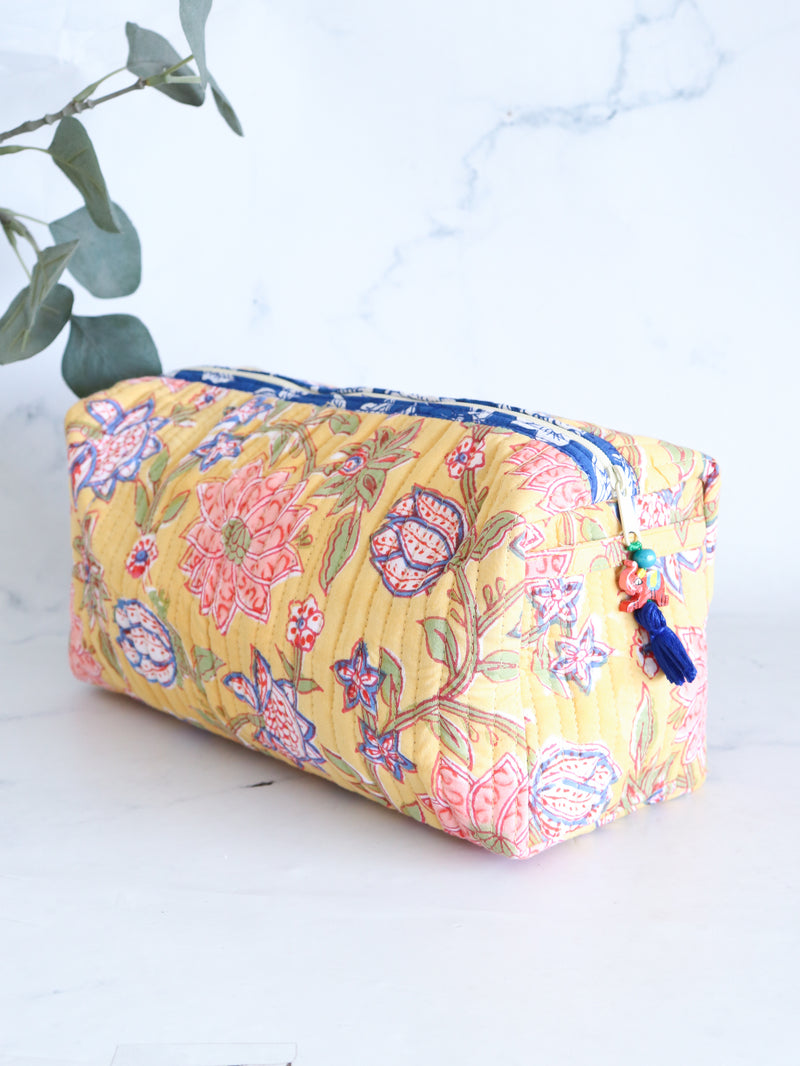 Large Cosmetic bag - Makeup bag - Block print fabric travel pouch-  Yellow Floral Field