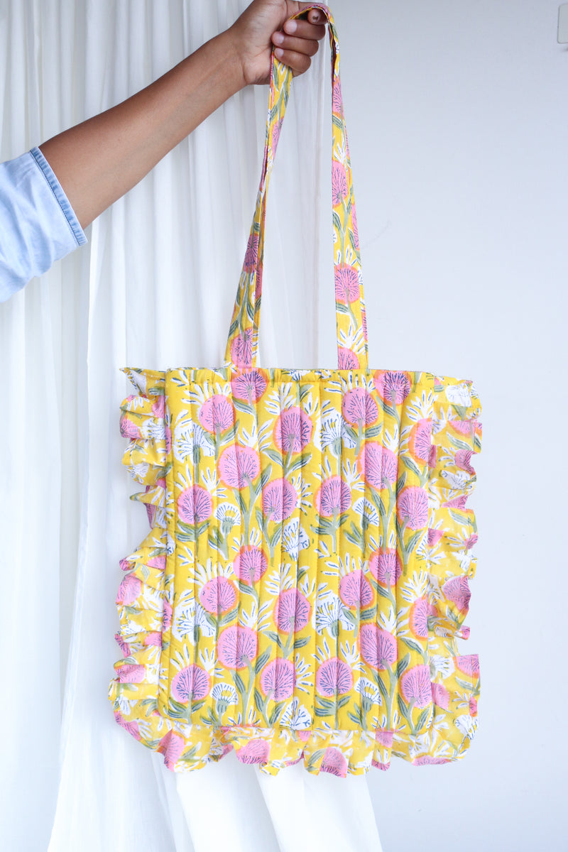 Block print frilled tote bag - Boho frill tote bags -Yellow floral