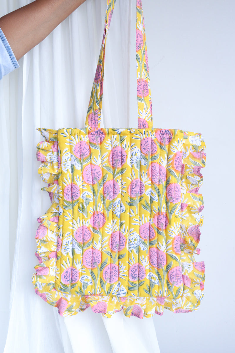 Block print frilled tote bag - Boho frill tote bags -Yellow floral