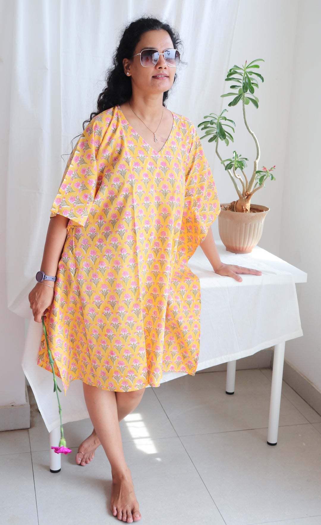 Short Kaftans for women - Yellow Block print Kaftan - Yellow booti