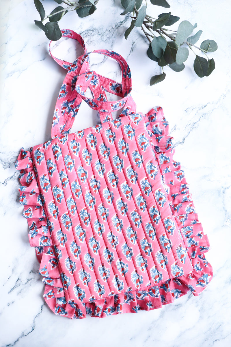 Block print frilled tote bag - Boho frill tote bags - Pink small booti