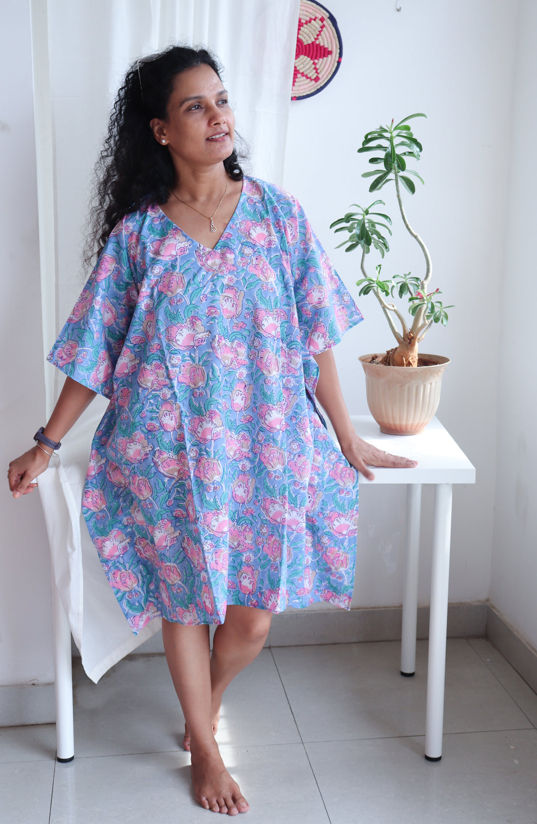 Short Kaftans for women - Light blue Block Print kaftan - Blue floral