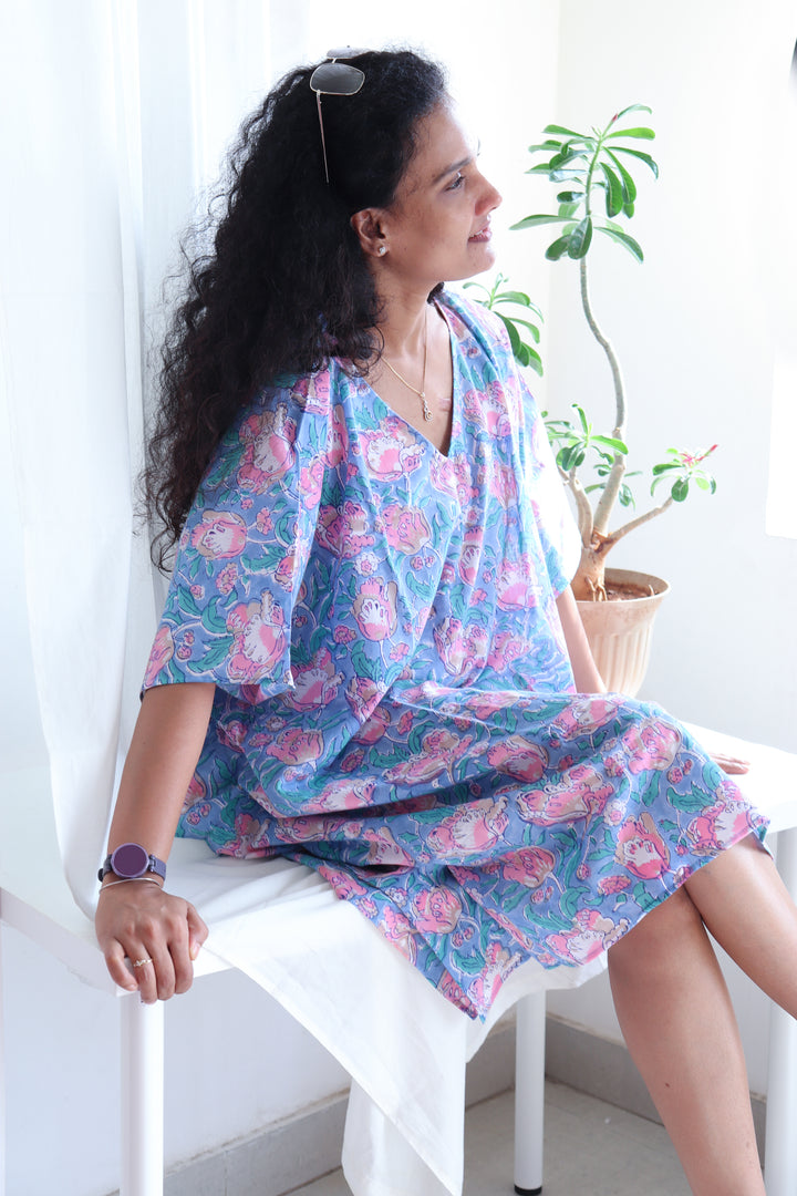 Short Kaftans for women - Light blue Block Print kaftan - Blue floral