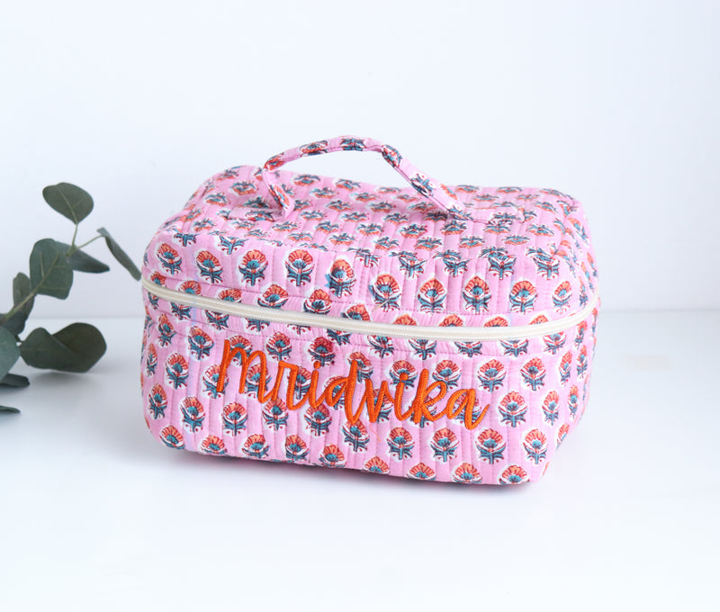 Personalized Vanity Case - Block print Train case - Quilted toiletry pouch with name