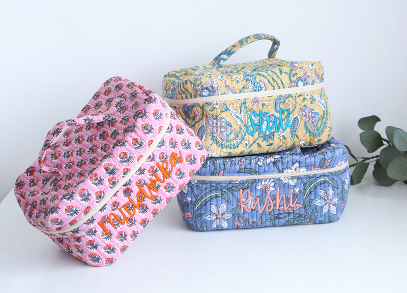 Personalized Vanity Case - Block print Train case - Quilted toiletry pouch with name