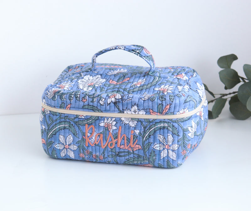 Personalized Vanity Case - Block print Train case - Quilted toiletry pouch with name