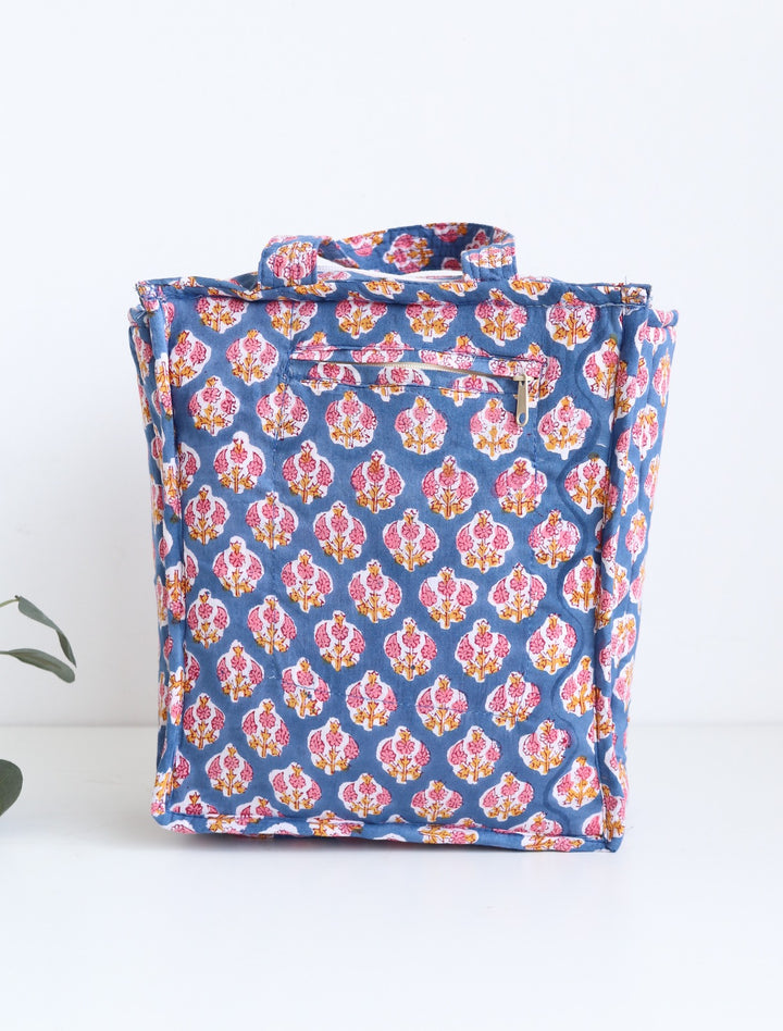 Block print lunch tote bag - Boho quilted lunch bags - Dark blue booti