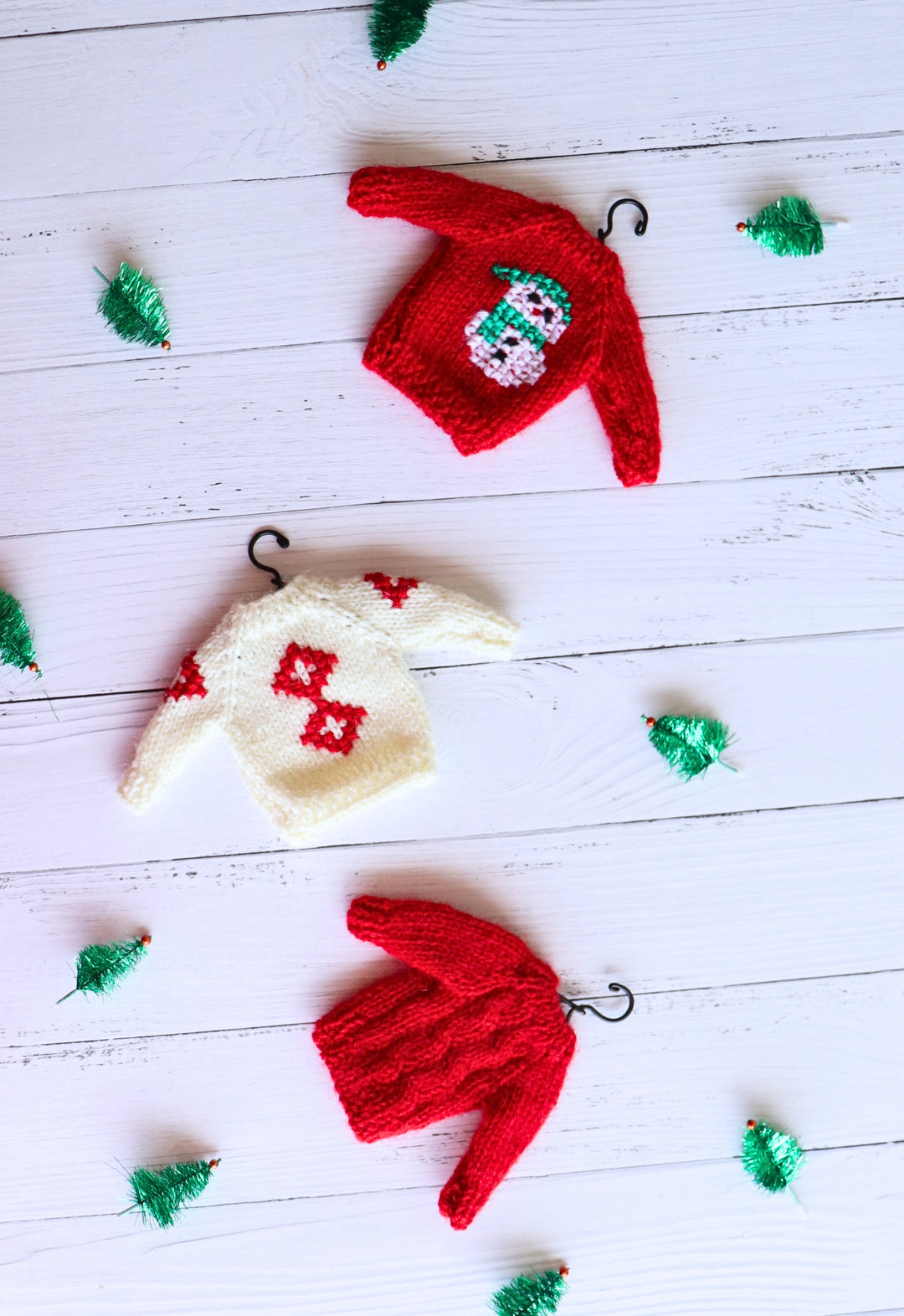 Christmas mini Sweater ornaments - Hand knitted little sweaters - Set of 3