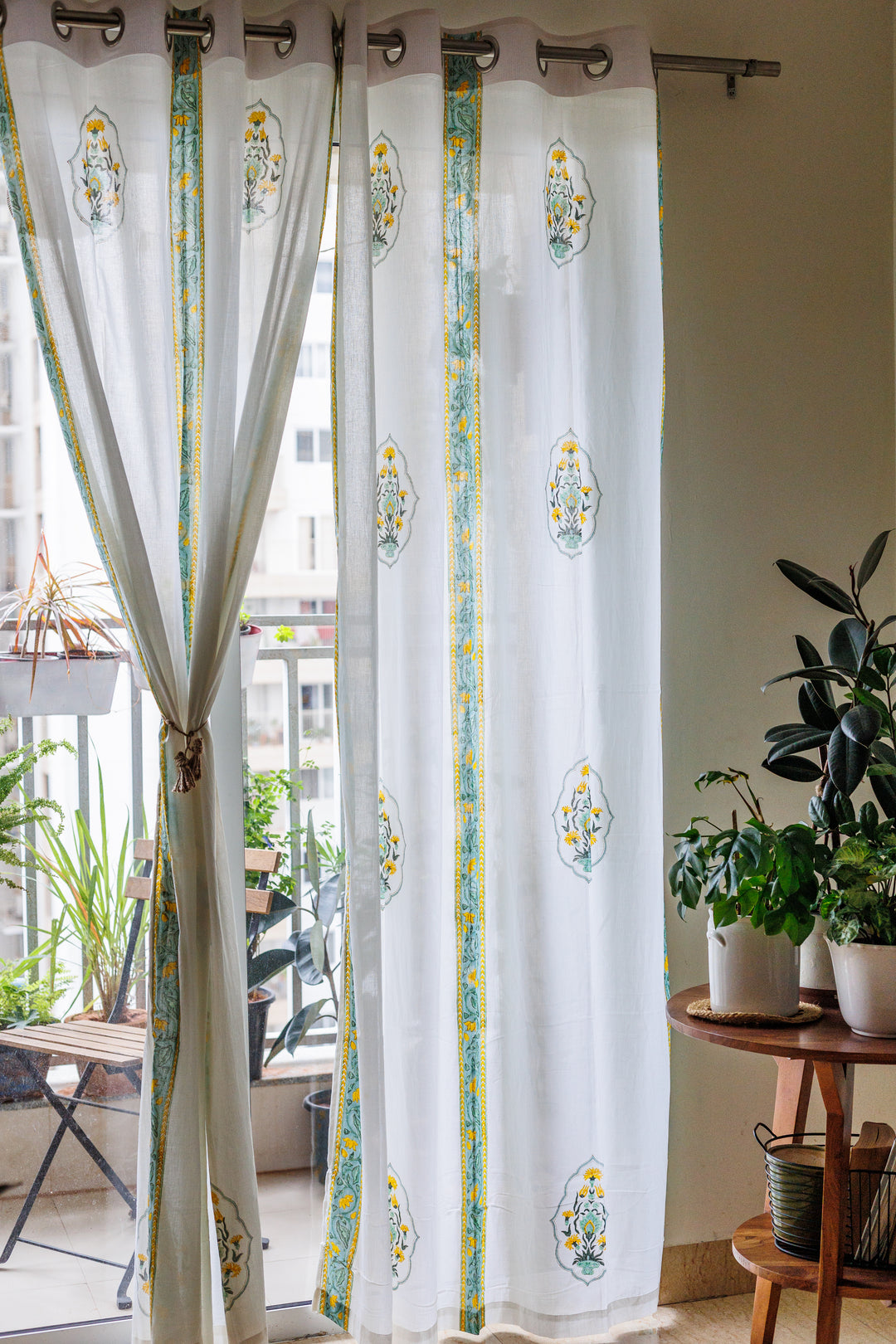 Fragrance Garden sheer curtains - Yellow and turquoise mul curtains - Sheer eyelet curtains - Sold individually