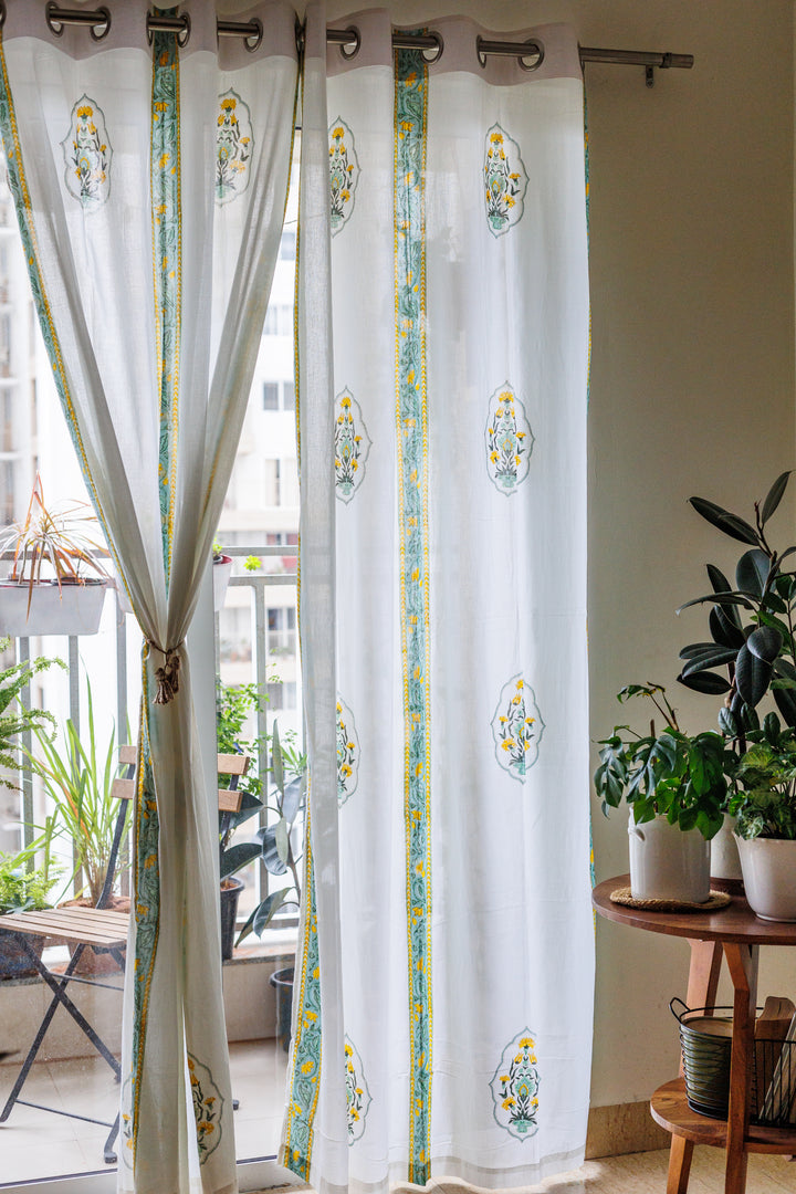 Fragrance Garden sheer curtains - Yellow and turquoise mul curtains - Sheer eyelet curtains - Sold individually