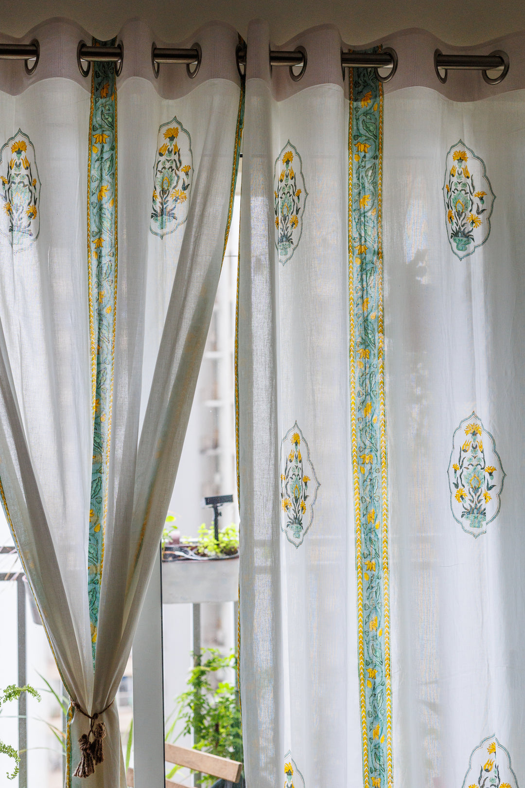 Fragrance Garden sheer curtains - Yellow and turquoise mul curtains - Sheer eyelet curtains - Sold individually