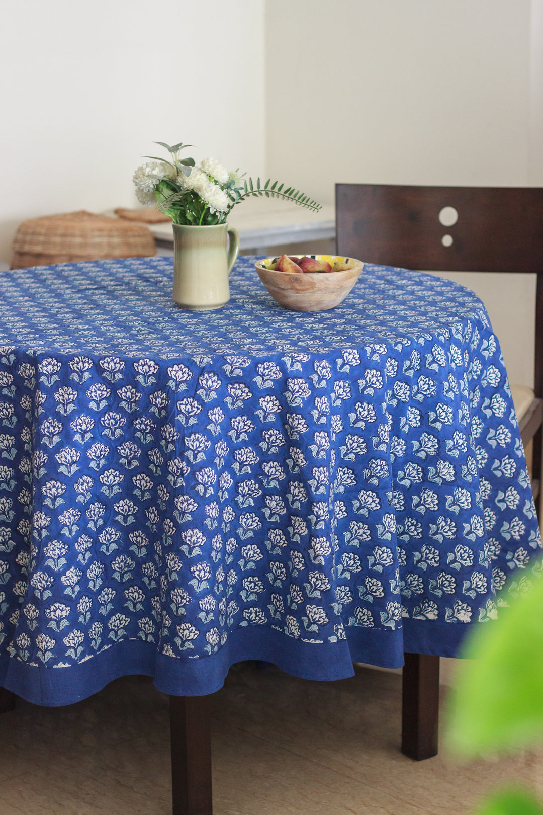 Dark Blue block print Round tablecloth - 6 seater - 72 inches diameter