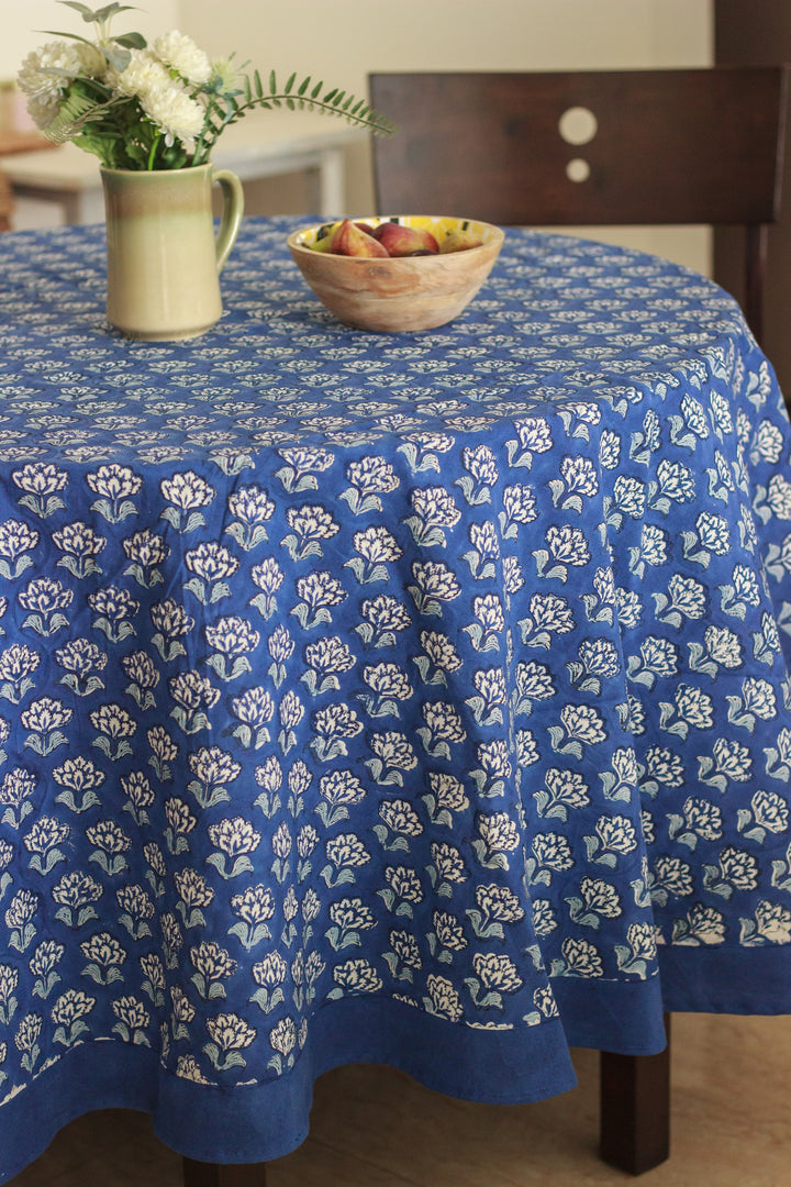 Dark Blue block print Round tablecloth - 6 seater - 72 inches diameter