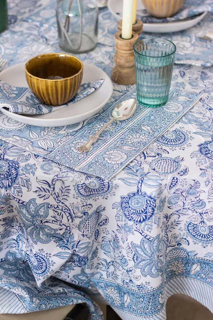 8 seater block print table cloth - light blue table cover - 60x120 inches