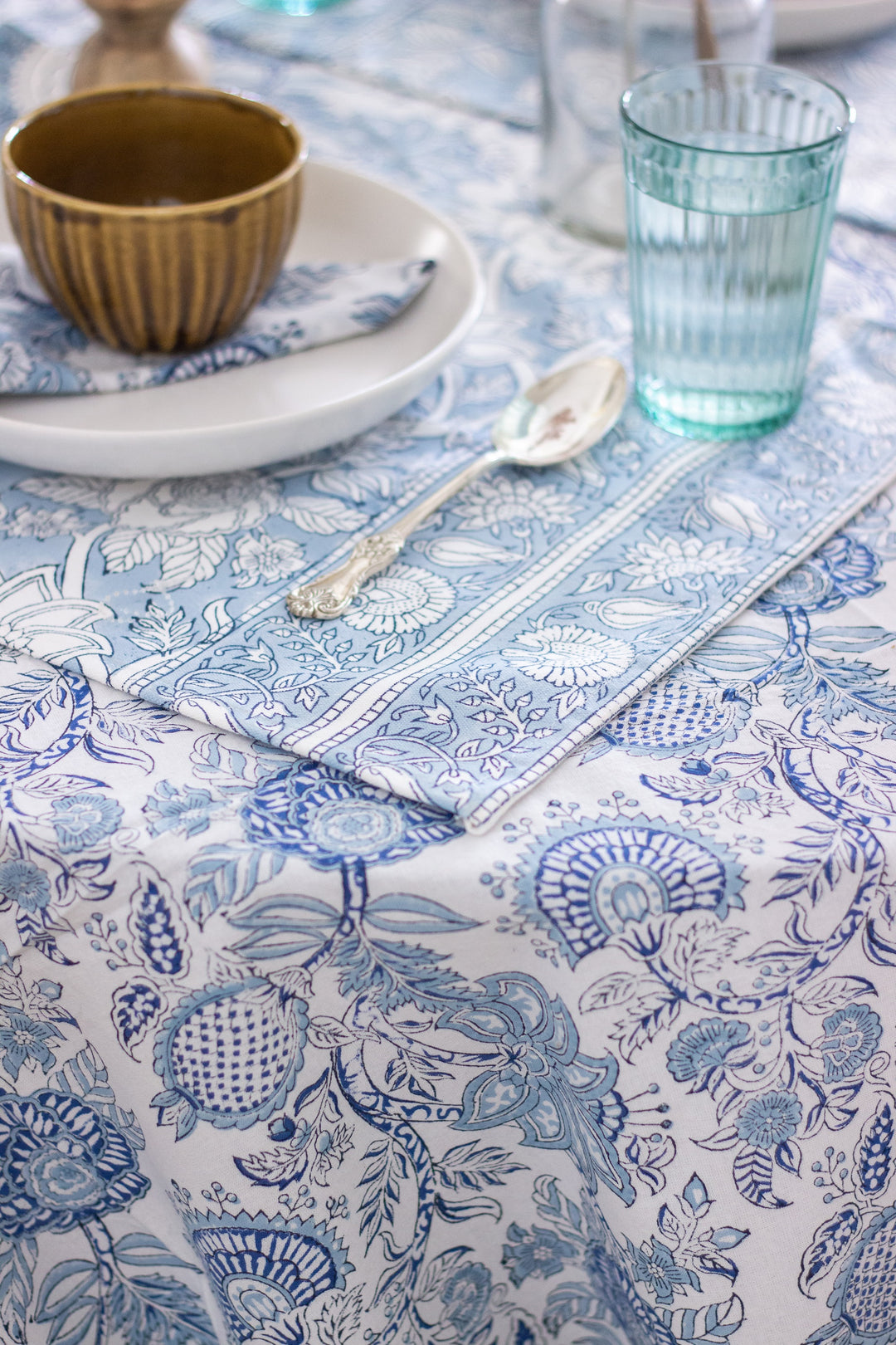 8 seater block print table cloth - light blue table cover - 60x120 inches