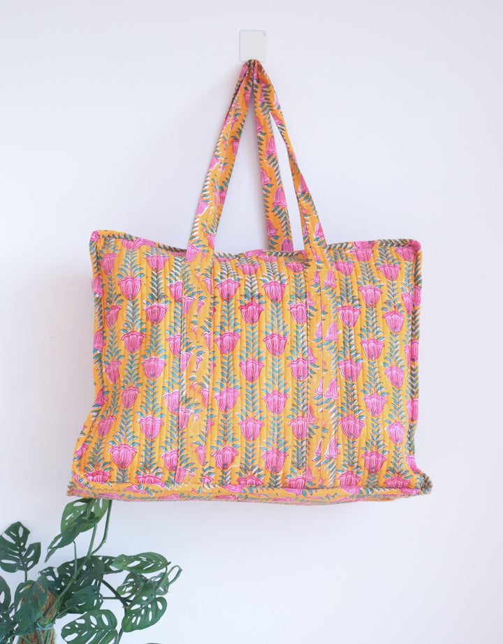 XL tote bag - Boho quilted women's bags - Large beach bag - Bright yellow