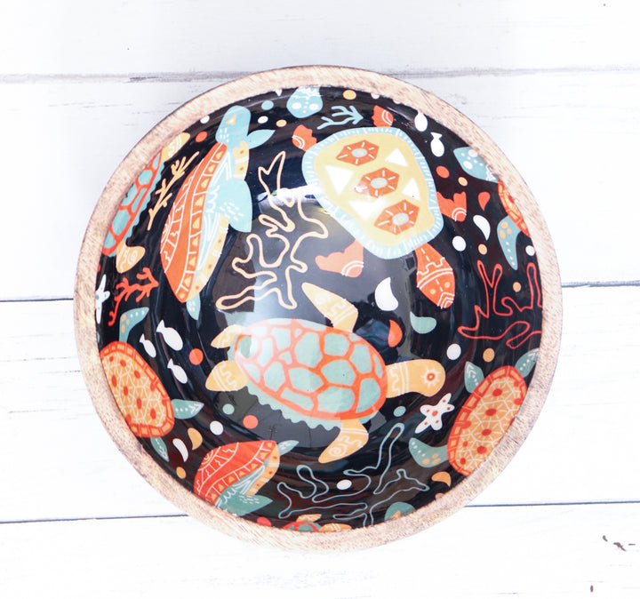 Small wood serving bowls - Mango wood bowls - Enamel printed wooden bowls - Turtle